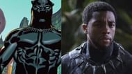 Left: Black Panther in comics, Right: Black Panther played by Chadwick Boseman in the MCU (Images via Marvel)